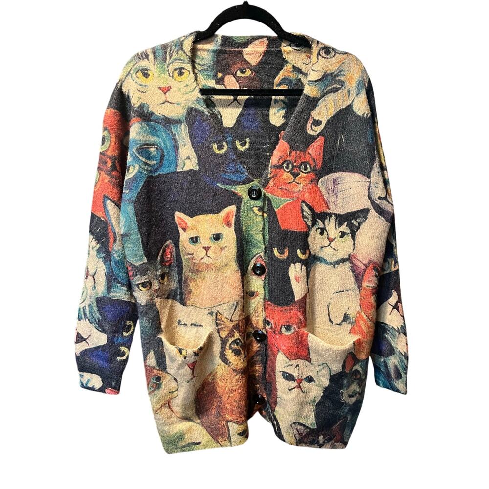 YESNO Whimsical Cat Collage Knit Cardigan Grandmacore Goblincore Quirky M - Picture 2 of 4
